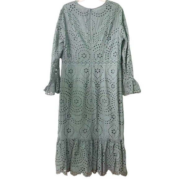 Asos Design Sage Green Cotton Long Sleeve Midi Eyelet Dress Ruffles (Size 14) - Picture 3 of 12
